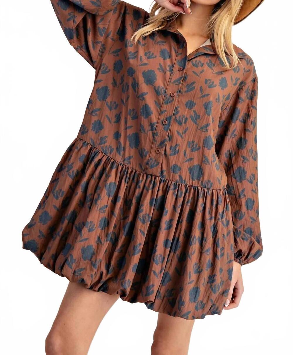 NEW EE:SOME calista printed bubble hem dress in brown